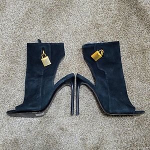 TOM FORD Open Toe, Black Suede, Gold Padlock Ankle Lock Booties - Size 6